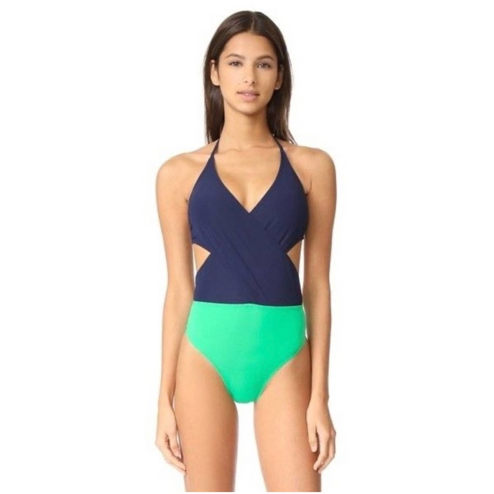 TORY BURCH Cutout Colorblock Swimsuit in Navy & Green Size Small